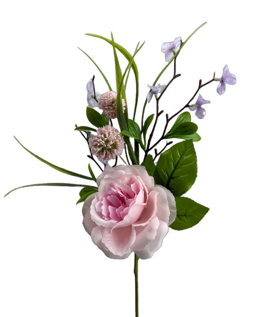 A delicate arrangement featuring the 16" Pink Rose Pick (63543PK) with a striking large light pink rose set against a black background. This composition is beautifully accented with green leaves and slender stems.