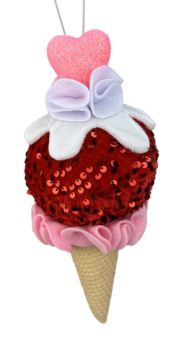 The 12" by 5" Red and Pink Heart Ice Cream Ornament (model 63562RDPK) features a vibrant red and pink sequin scoop adorned with white, pink, and purple felt accents that resemble whipped cream topped with a heart. The cone is elegantly wrapped in pink felt and includes a string for easy hanging.