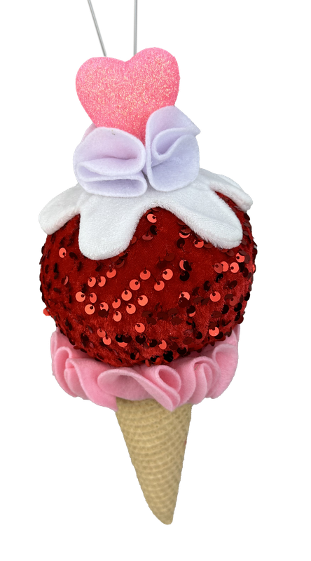 The 12" by 5" Red and Pink Heart Ice Cream Ornament (model 63562RDPK) features a vibrant red and pink sequin scoop adorned with white, pink, and purple felt accents that resemble whipped cream topped with a heart. The cone is elegantly wrapped in pink felt and includes a string for easy hanging.