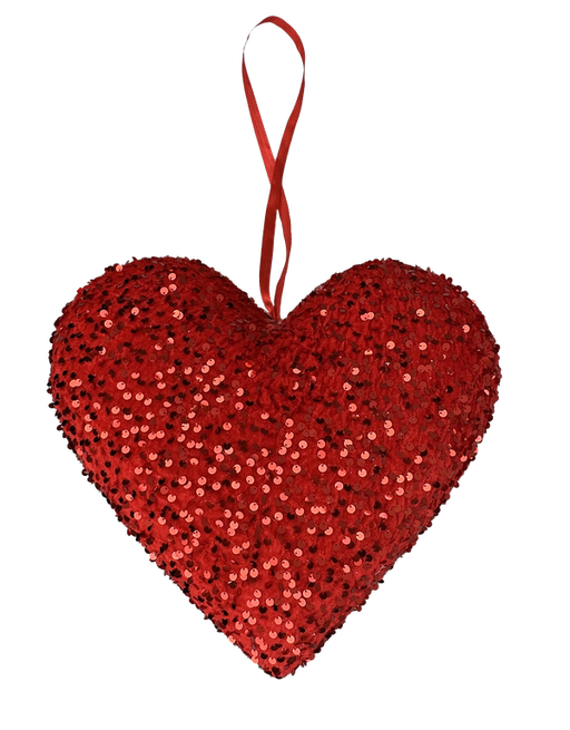 The 12" by 13" by 5" Red Heart Ornament 63563RD is a charming decoration featuring a heart shape, glimmering sequins, and a practical red ribbon loop for easy hanging. The sequins produce a dazzling effect, ensuring this ornament stands out in any festive arrangement.