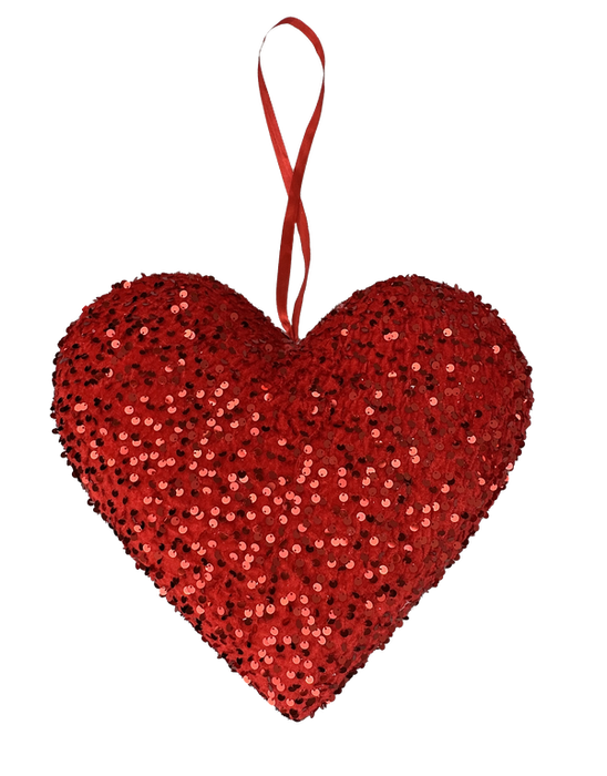 The 12" by 13" by 5" Red Heart Ornament 63563RD is a charming decoration featuring a heart shape, glimmering sequins, and a practical red ribbon loop for easy hanging. The sequins produce a dazzling effect, ensuring this ornament stands out in any festive arrangement.