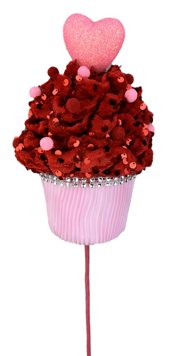 Introducing the 20" by 20" by 5" Red and Pink Heart Cupcake Pick (Product Code: 63564RDPK). This charming decorative piece features a red frosting design embellished with pink and red sequins, pom-poms, and a glittery pink heart topper. Nestled in a pink wrapper and elegantly displayed on a stick, it's the perfect addition to bring elegance in classic Red and Pink hues.