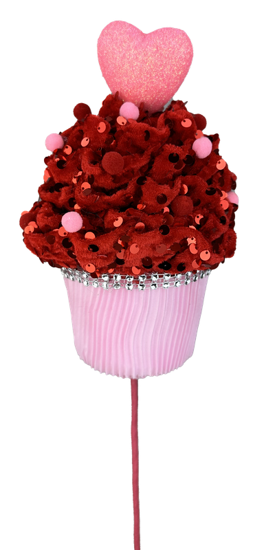 Introducing the 20" by 20" by 5" Red and Pink Heart Cupcake Pick (Product Code: 63564RDPK). This charming decorative piece features a red frosting design embellished with pink and red sequins, pom-poms, and a glittery pink heart topper. Nestled in a pink wrapper and elegantly displayed on a stick, it's the perfect addition to bring elegance in classic Red and Pink hues.