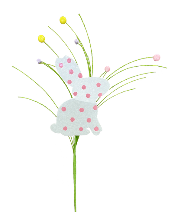 The 22 White Glitter Polka Dot Bunny Spray 63594WT features a bunny paper cutout with glitter polka dots, set against green grass-like stems capped with colorful beads, creating a playful floral arrangement.