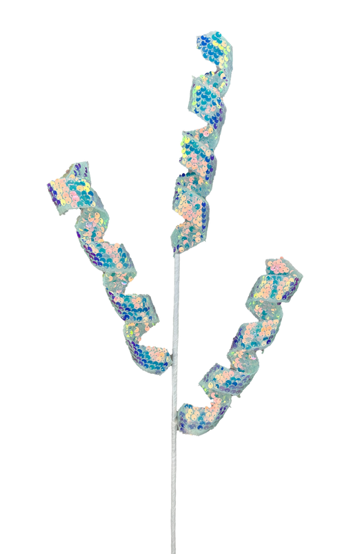 The H24 Iridescent Bling Sequin Frizzy Curly Spray 3 Stems 63604IRDS features spiral decorations with three twisting branches on thin wire, reflecting pastel blue, pink, and green against white.