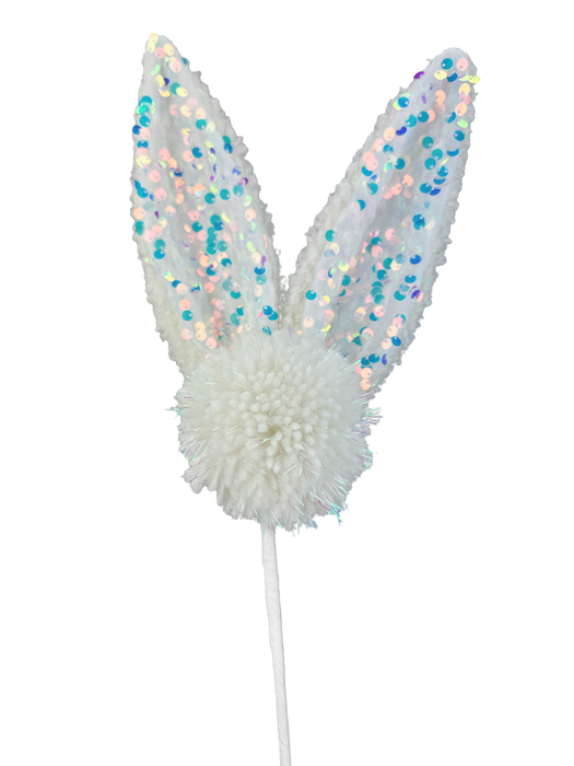 The 23 White Pom Pom Bunny Spray 63759WT is a headband with white, fluffy bunny ears adorned with iridescent sequins and slightly curved. Each ear is vertical and 23, featuring a fluffy white pom pom at the base where they meet.