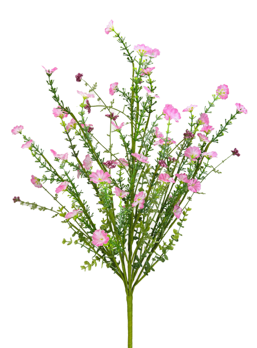 A 21 Pink Wild Flower Filler Spray, featuring small delicate blooms and green leaves on thin, branching stems, set against a plain dark background (Product Code: 63763PK).