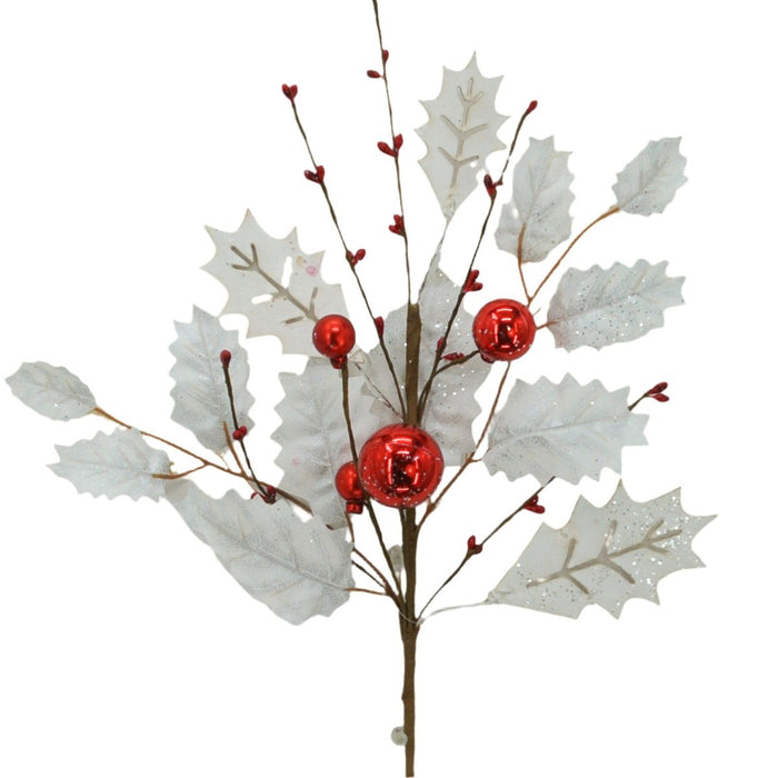 white leaf holly red shiny ball pick