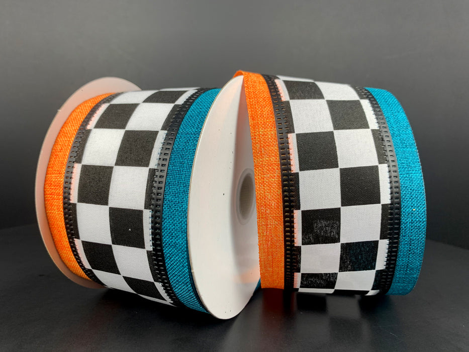 2.5"X10Y Black-White Chex Satin/Orange-Teal Linen Edge 65329-40-19