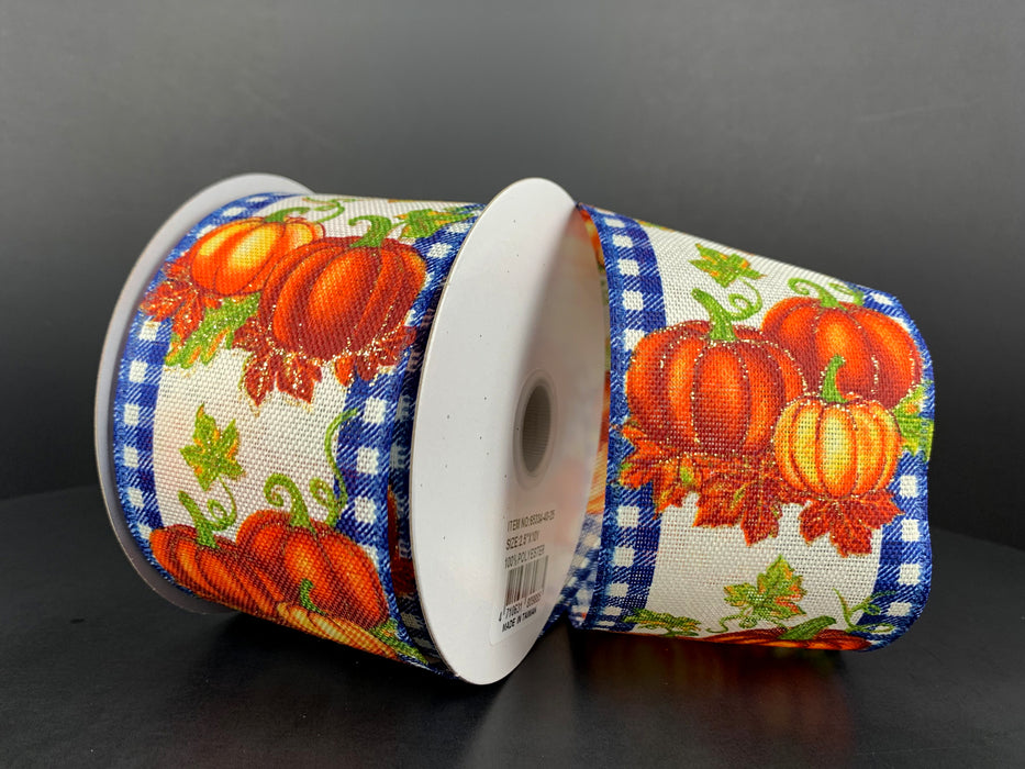 2.5"X10Y Ivory Linen/Pumpkins Royal Gingham Edge Ribbon 65334-40-25