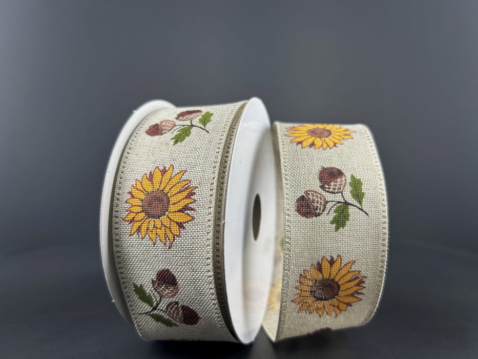 1.5"X10Y Light Natural Linen and Big Sunflower Big Acorn Ribbon 65437-09-49