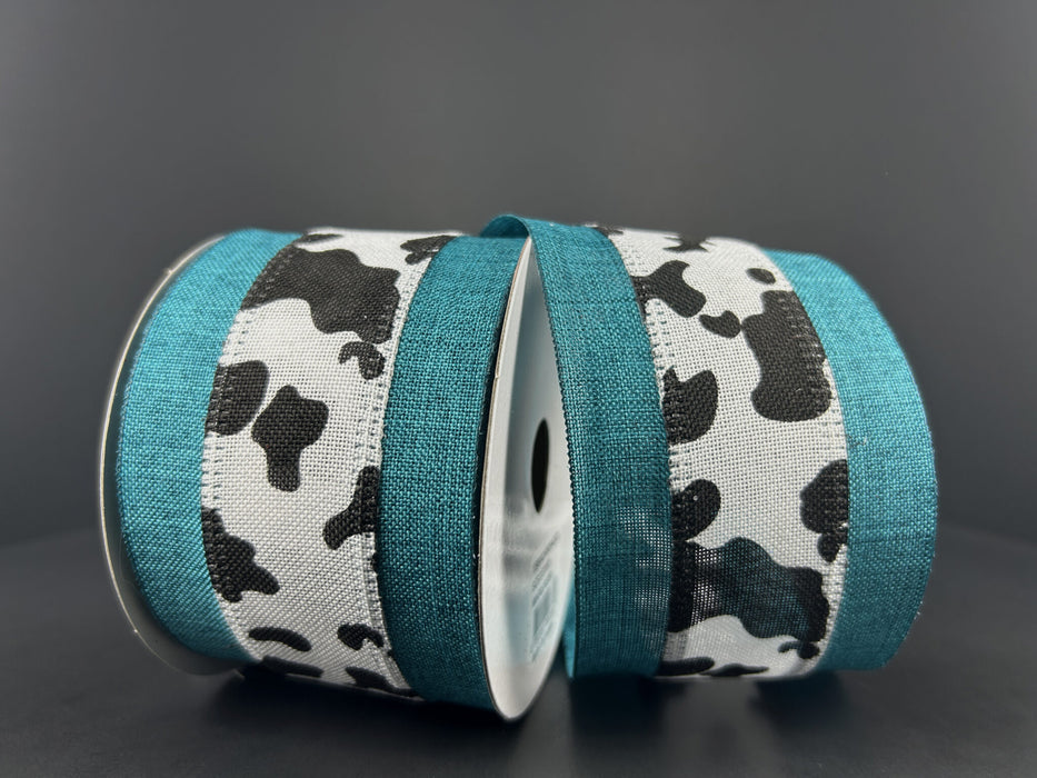 2.5"X10Y Bw Cow Print Linen/Teal Edge Ribbon 65439-40-33