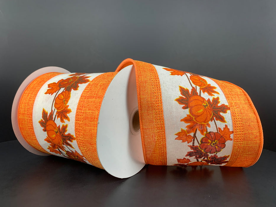 4"X10Y Pumpkin-Leaf Garland/Orange Linen Edge Ribbon 68303-04-19