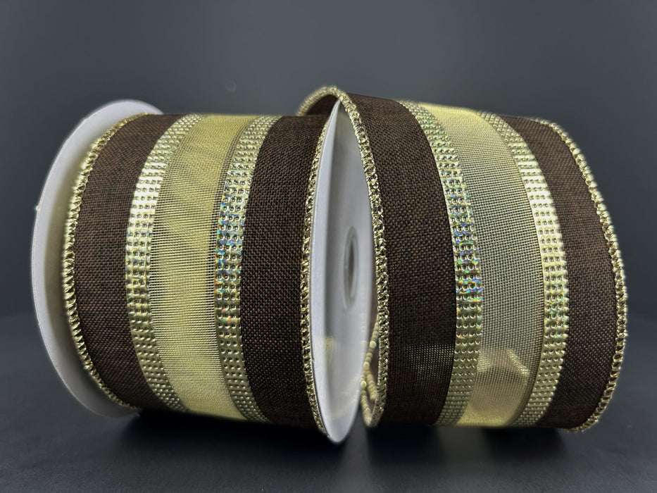 2.5"X10Y Brown Linen/Gold Firefly Center Ribbon 68450-40-38