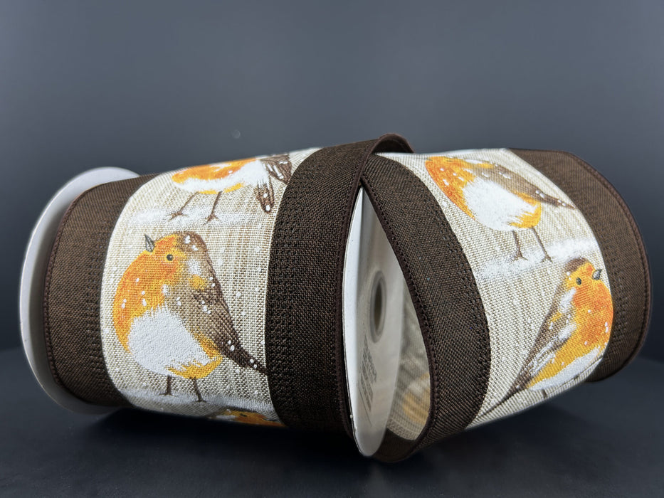 4"X10Y Fat Bird on Natural Center/Brown Linen Edge Ribbon 68458-04-38