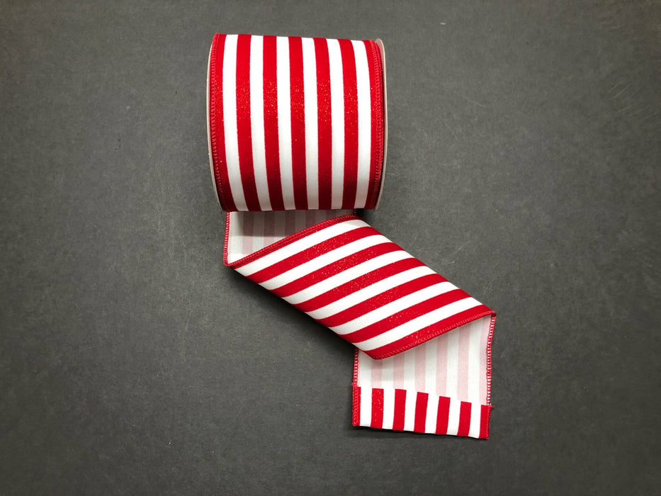 4"X10Y   White/Red Glitter Flocked Cabana Stripe 71212-04-12