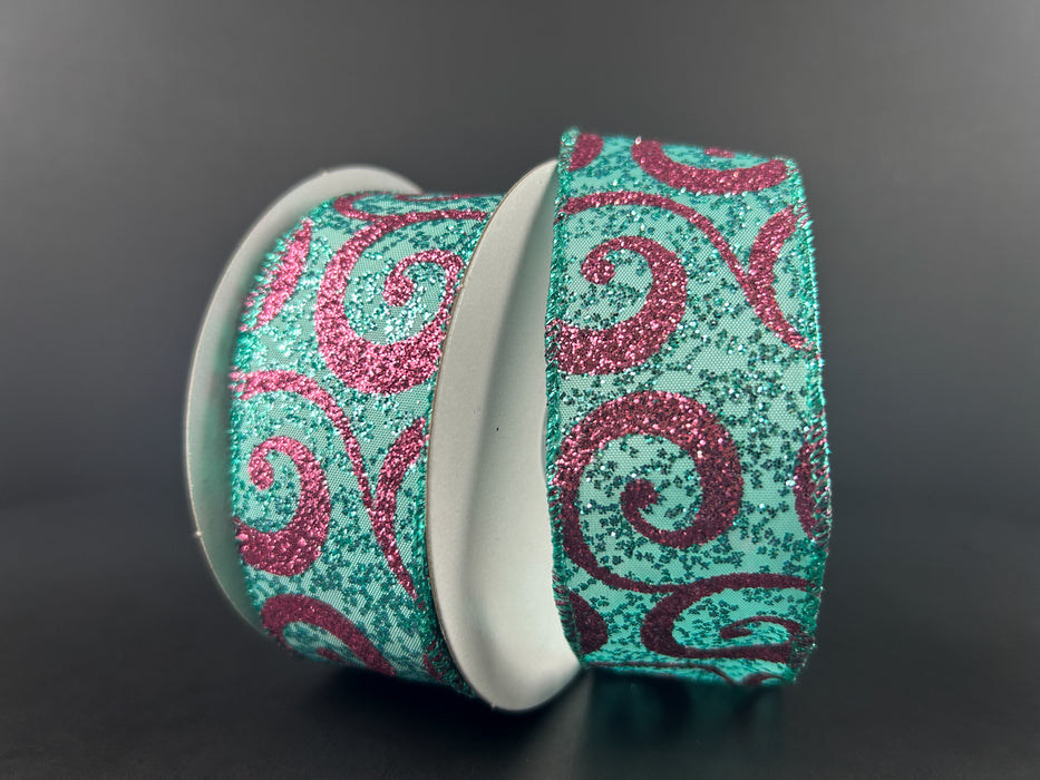 1.5"X10Y Teal Glitter Satin/Pink Glitter Swirls 71401-09-45