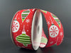 The 1.5"X10Y Red Satin/Hanging Green-White Ornaments Ribbon (Product Code: 71410-09-17) is beautifully showcased against a dark background, neatly wrapped around a white spool, featuring red satin adorned with green and white Christmas ornaments and snowflakes.