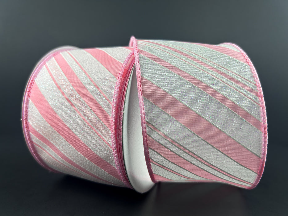 2.5"X10Y White Satin/Pink-White Iridescent Diagonal Stripe 71422-40-26