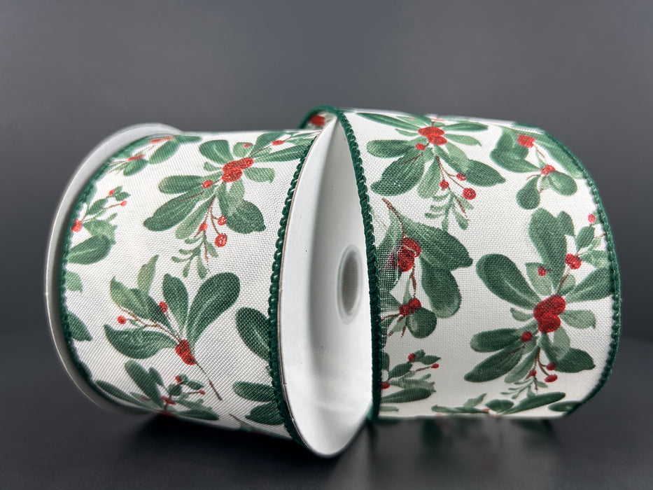 2.5"X10Y Cream Satin/Painted Mistletoe Ribbon 71482-40-17