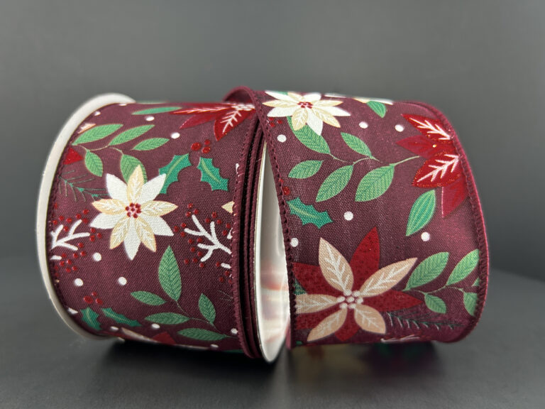 2.5"X10Y Burgundy Satin/Green-Cream-White-Red Poinsettia 71491-40-10