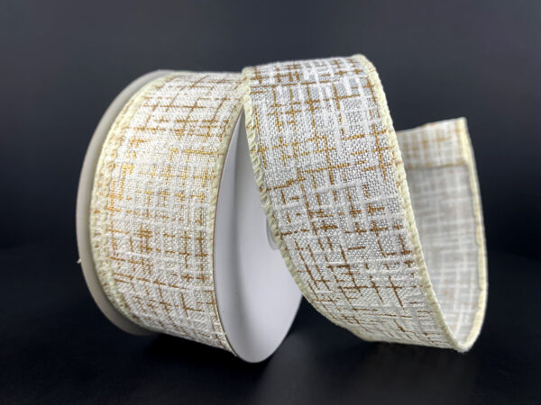 1.5"X10Y Ivory Linen/White-Gold Glitter Print Tweed Ribbon 72325-09-41