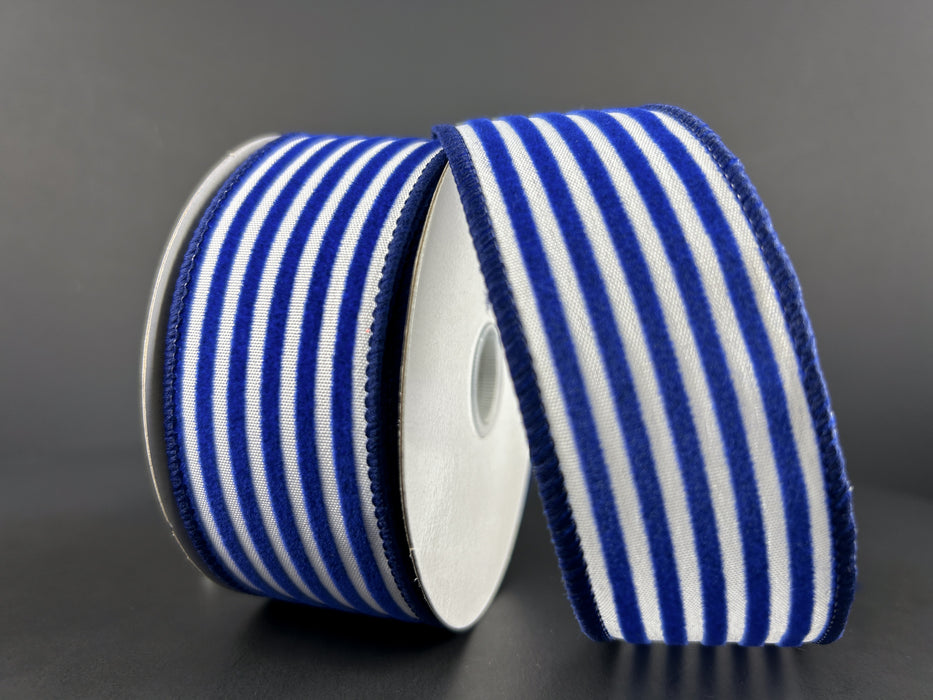 1.5"X10Y  White Satin/Thin Royal Blue Flocked Stripe 72417-09-25