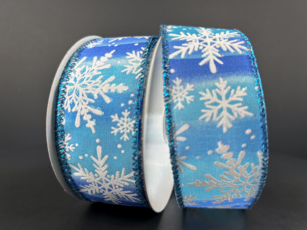 1.5"X10Y Royal Blue-Aqua Ombre Satin/White Snowflake Ribbon 72419-09-39