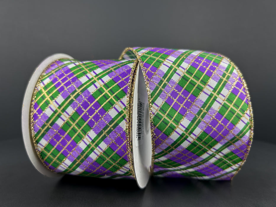 2.5"X10Y White Linen/Emerald-Purple-Gold Busy Plaid 72424-40-01