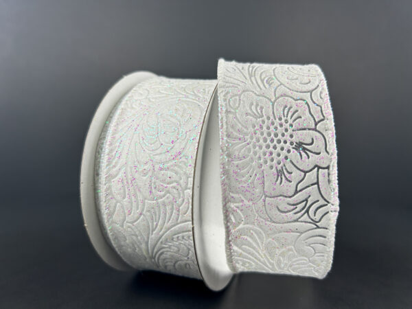 1.5"X10Y White-Iridescent Glittered Flower Embossed Ribbon 72433-09-01