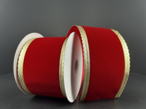 2.5"X10Y Red Velvet/Gold Metallic Scalloped Edge Ribbon 76400-40-13