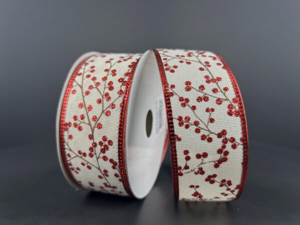 1.5"X10Y Ivory Linen/Dk Red-Glitter Berries/Metallic Edge Ribbon 76430-09-18