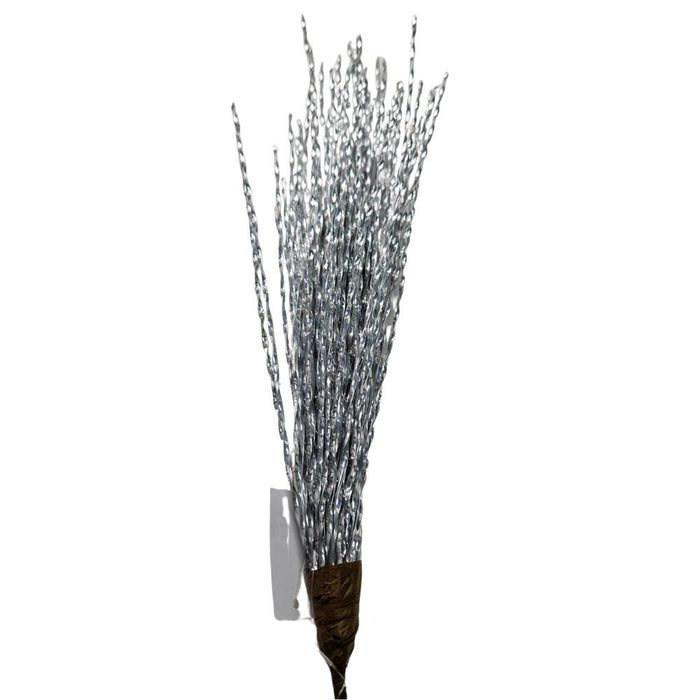 A collection of 19" Silver Metallic Stripe Spray, featuring shimmering artificial branches with a delicate spray effect, secured at the base with brown tape and set against a plain white background.