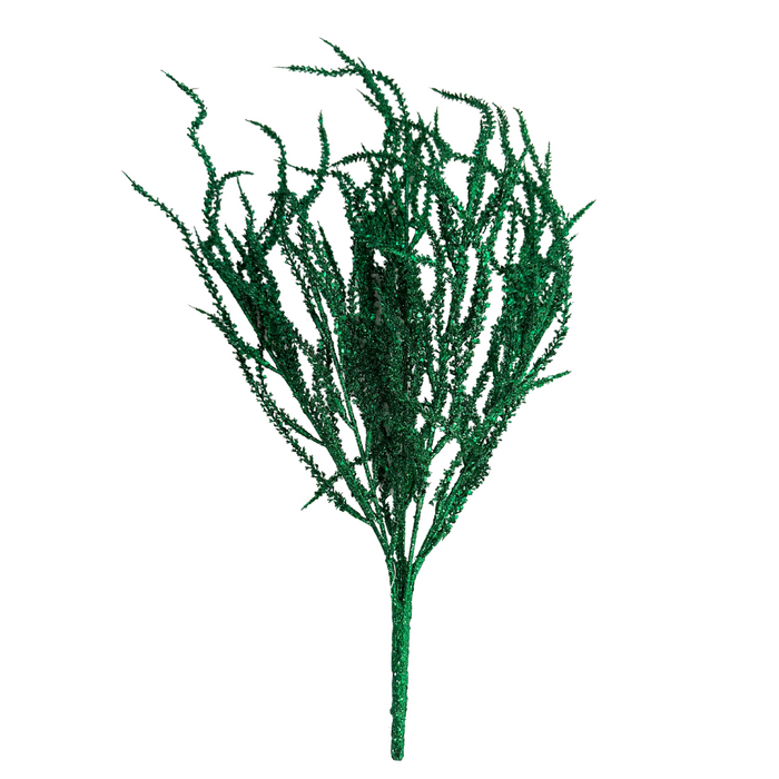 A detailed image of the 22-inch Willow W Glittered 82841-Gn in green against a plain white background. This emerald green piece features numerous small branches with tiny clustered leaves, closely resembling real heather.