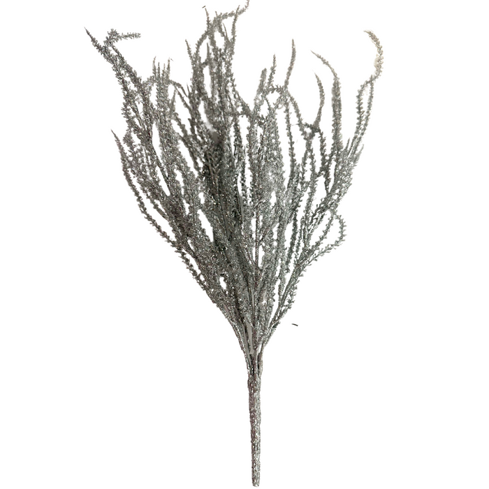 A dried silvery-gray branch with slender, spiky twigs spreads out like coral, resembling a 22 In Willow W Glittered 82841-Sil. The plain white background highlights the intricate silver texture of the branch.