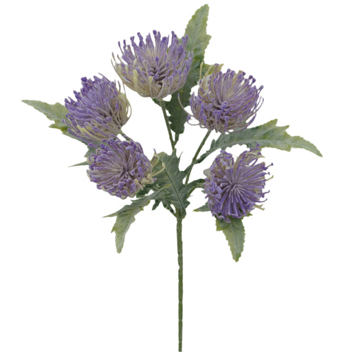 A 15 Thistle Bouquet, product 84236-LV, features artificial lavender thistle flowers and green leaves elegantly arranged on five stems against a plain white background.