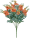 A 24 Delphinium Bush inspired arrangement with 12 salmon-colored stems, lush green leaves, and orange-hued flowers with multiple small petals. Some buds are partially open, adding detail to this exquisite fan-shaped display.