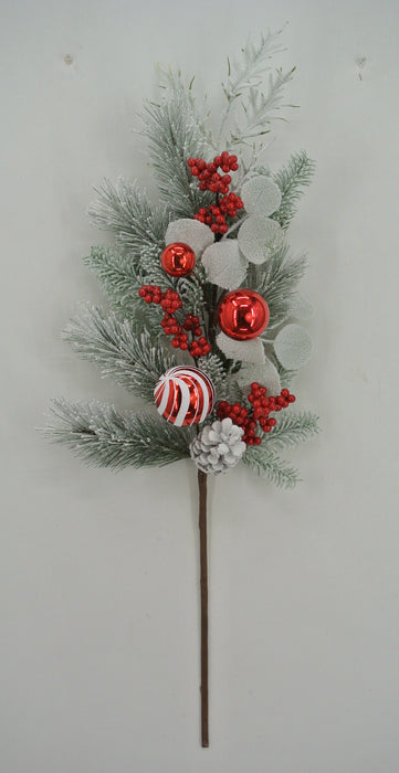 Mixed Pine and Eucalyptus Spray with Red and Red and White Striped Ball 84547