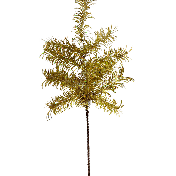 The 24 In Tinsel Spray 84576-Gold features a slim, straight branch adorned with artificial golden glittery leaves that mimic a delicate tinsel spray. The textured, feathery leaves enhance its festive and decorative charm against the white background.