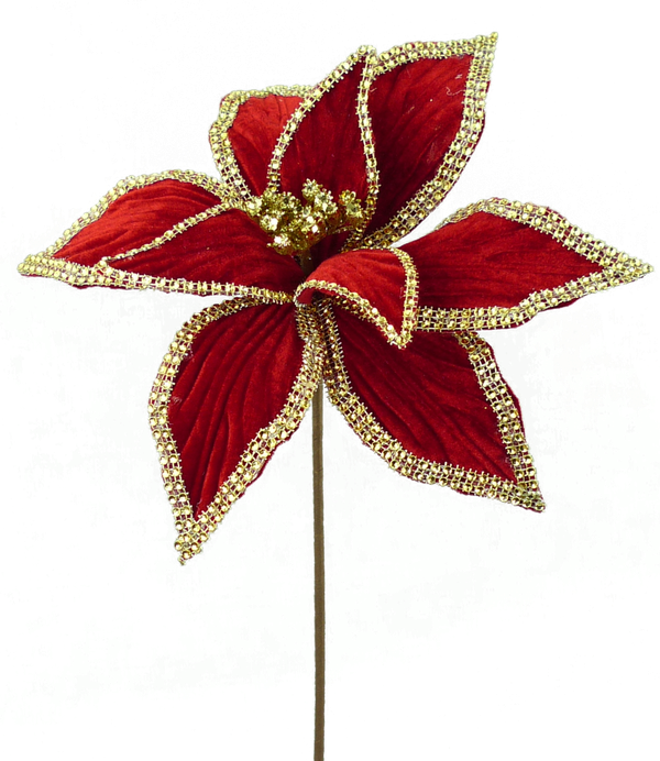 11" by 21" Red and Gold Velvet Bead Poinsettia Spray 84586RDGD