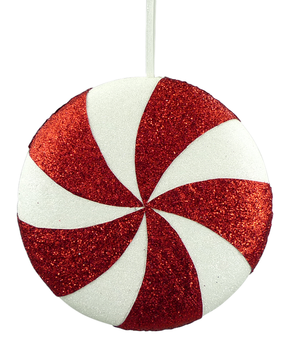 10" Diameter Red and White Glitter Peppermint Candy Ornament 84681RDWT