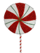 A lollipop spray named the 1" by 6" by 21" Red and White Lollipop Spray 85130SP21 showcases alternating red and glittery white spiral stripes highlighted with green accents. It's affixed to a stick wrapped in red and white stripes, producing a cheerful burst of festive colors.