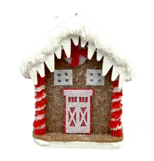 The 5" by 4.5" by 3" Red and White Small Gingerbread House Ornament (85184RDWT) is a delightful decoration featuring peppermint columns in red and white, a snowy roof, and decorative windows and door with white icing-like trim, adding the perfect touch of holiday cheer to any space.