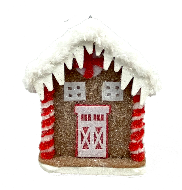 The 5" by 4.5" by 3" Red and White Small Gingerbread House Ornament (85184RDWT) is a delightful decoration featuring peppermint columns in red and white, a snowy roof, and decorative windows and door with white icing-like trim, adding the perfect touch of holiday cheer to any space.