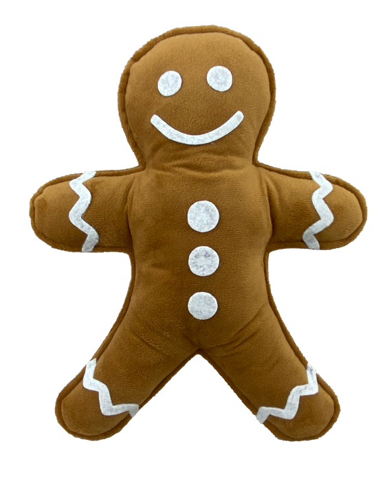 Introducing the 12" Brown Plush Gingerbread Man 85627BN, featuring a delightful design with white icing details, a cheerful smile, bright eyes, charming buttons, and playful zigzag patterns on its arms and legs.