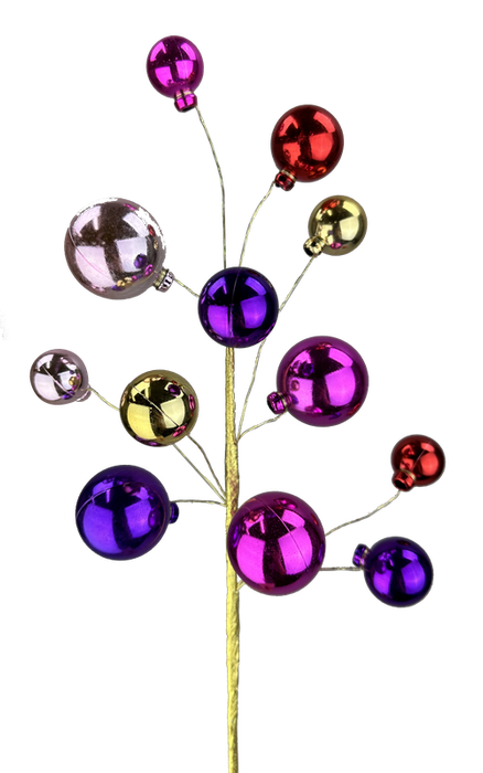 A 16" Hot Pink and Purple Ornament Pick (model 85691BTPU) featuring decorative branches adorned with vibrant, shiny spheres in shades of purple, hot pink, red, and gold. The varying sphere sizes on a thin metallic stem make this ornament stand out against its plain white background.