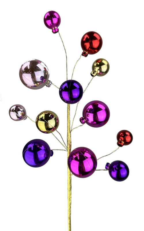 A 16" Hot Pink and Purple Ornament Pick (model 85691BTPU) featuring decorative branches adorned with vibrant, shiny spheres in shades of purple, hot pink, red, and gold. The varying sphere sizes on a thin metallic stem make this ornament stand out against its plain white background.