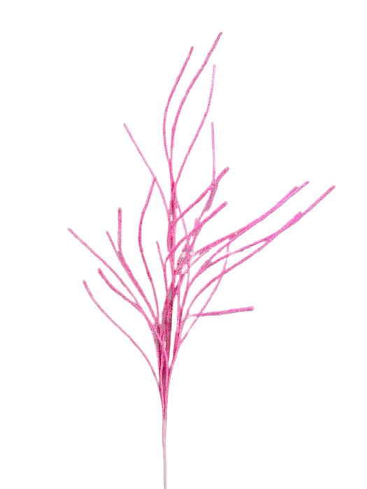 The 30" Pink Glitter Twig Spray 85717PK showcases a delicate branch with multiple thin, elongated twigs in a bright pink hue against a solid black background. The intricate and abstract pattern of the twigs resembles a stylized plant or coral structure, enhanced by a subtle glittery shimmer.