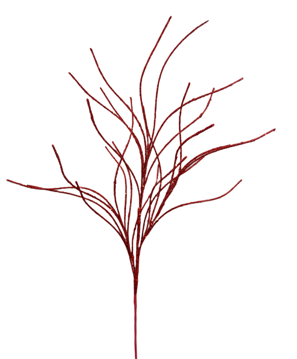 Experience the subtle elegance of a minimalist illustration featuring the 30" Red Glitter Twig Spray 85717RD. This art piece showcases a red, branching twig against a white background, with slender branches extending in various directions to create an abstract, organic pattern. Perfect for adding a refined touch to any space.