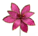 The 15" by 9" Hot Pink Velvet Poinsettia Pick (Product Code: 85739BT) showcases a decorative design with gold-edged leaves and three shiny red beads at its center, set elegantly against a plain white background to enhance any setting.